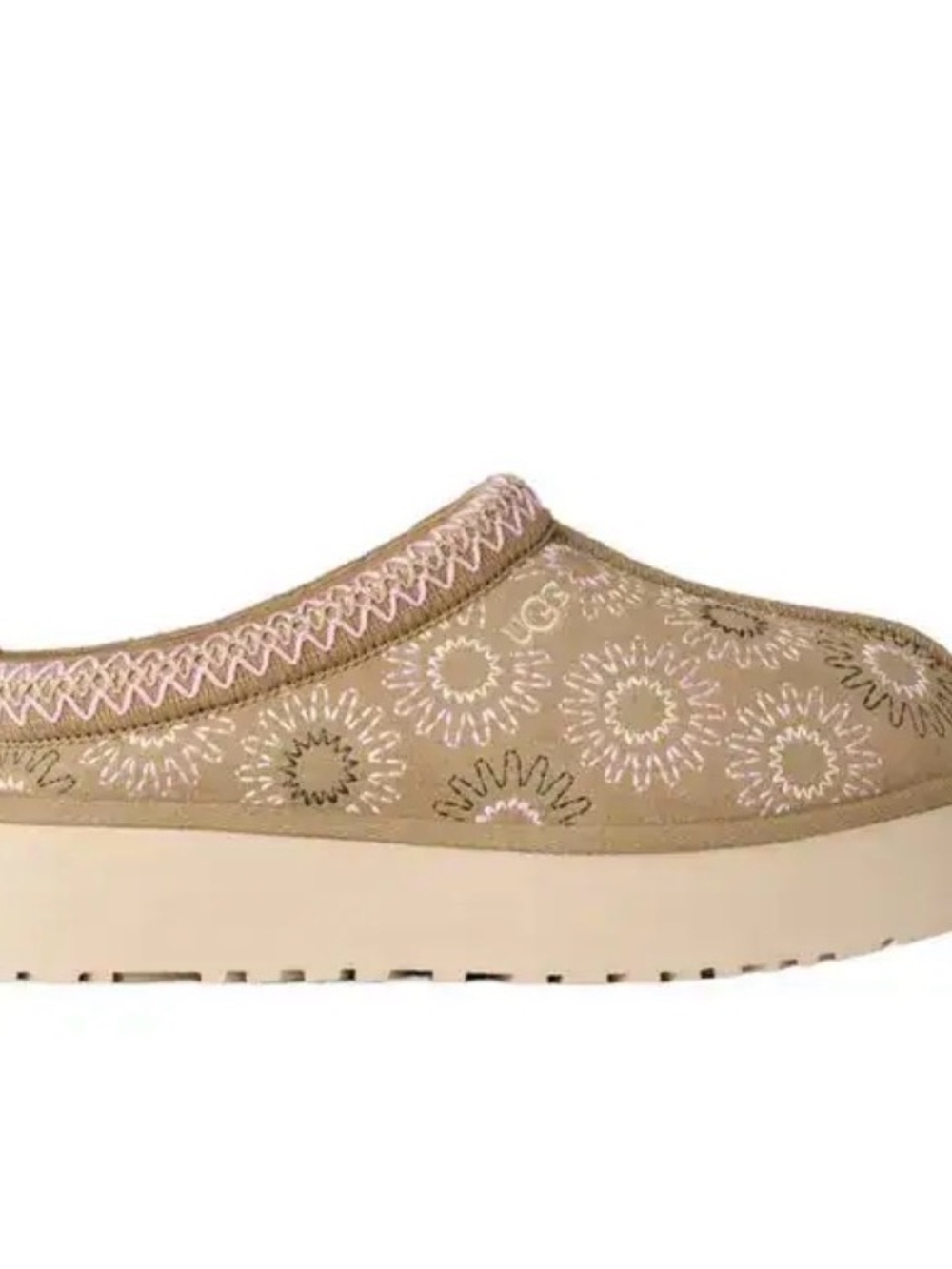 UGG Beige Embroidered Clog Mules with Pink Trim